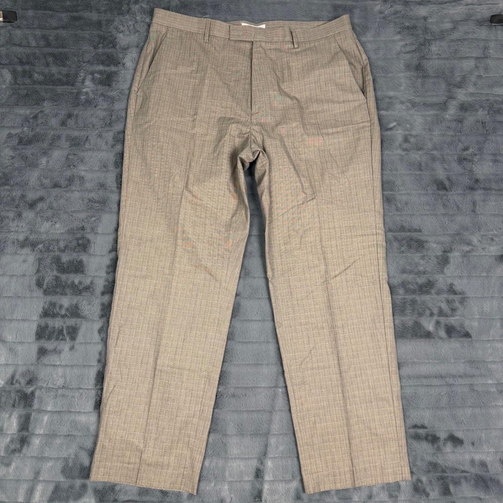 Calvin Klein Mens 36x30 Plaid Dress Pants Tan Gray 100% Cotton Flat Front Chino